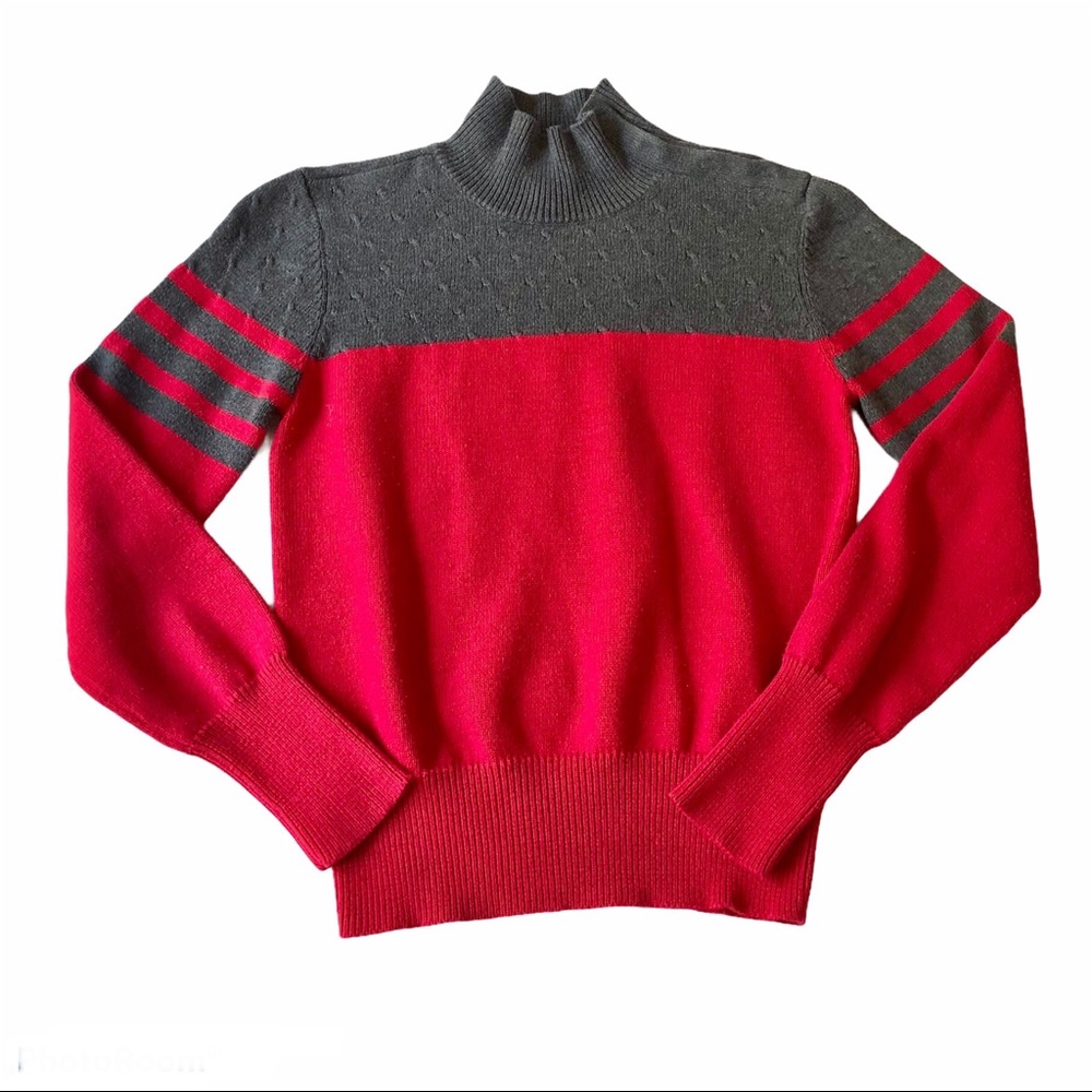 Calvin Klein Sweater Women’s L Red Gray Stripes Snap Cowl Neck Retro Classic